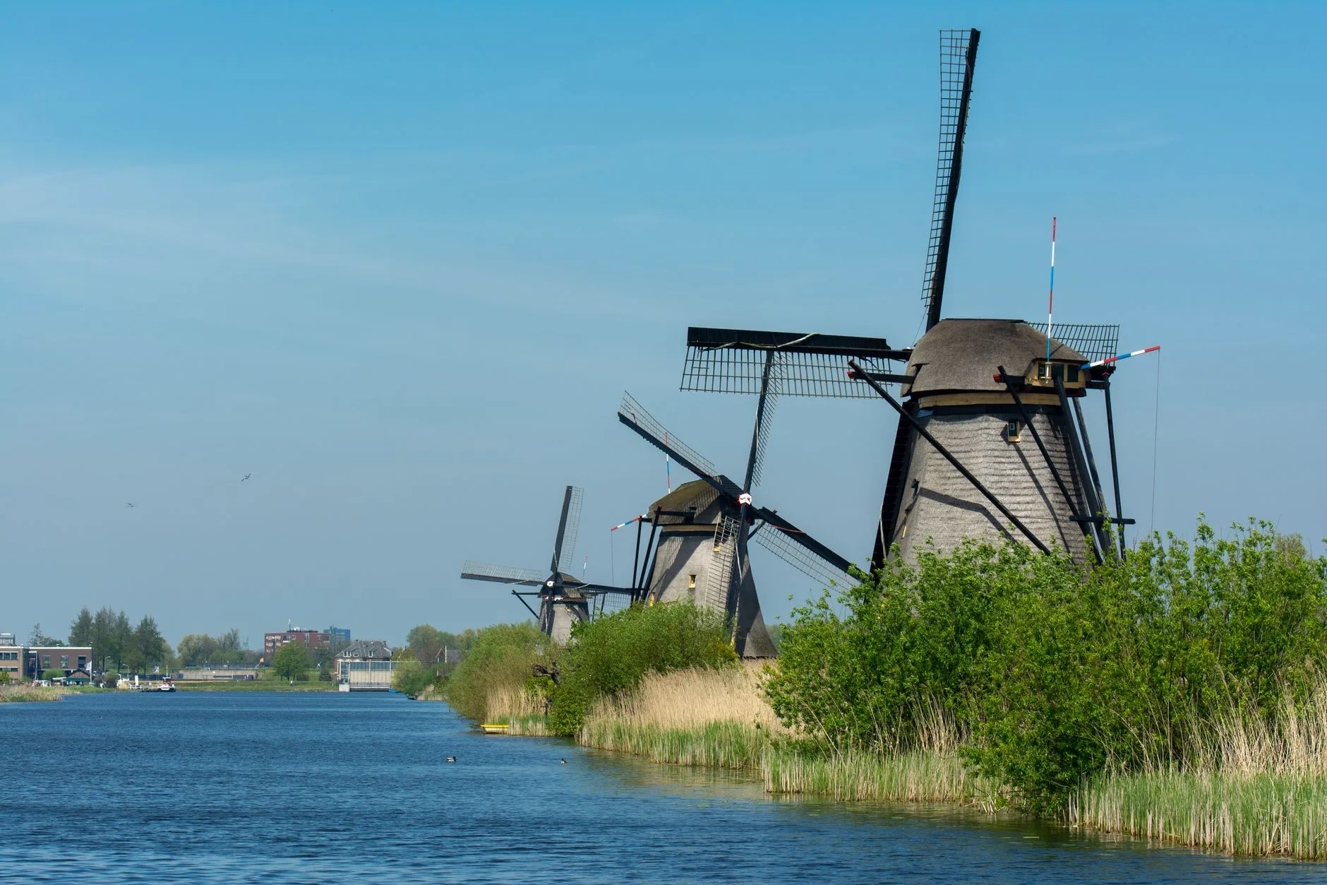 Moulins à vent alignés le long d'un canal néerlandais
